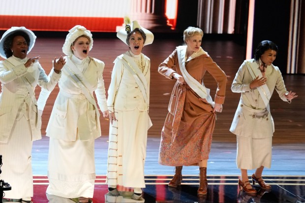 Members of the original Broadway cast of "Suffs," a musical coming to Philadelphia. (Photo by Charles Sykes/Invision/AP)