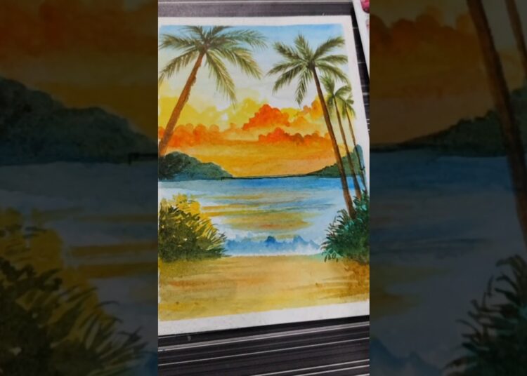 Easy sunset painting for beginners #easy #watercolorpainting #youtubeshorts #artist #shorts