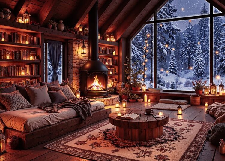 Winter Jazz Music for Focus ❄️ Cozy Forest Cabin Ambience with Fireplace, Wind Sounds & Snow