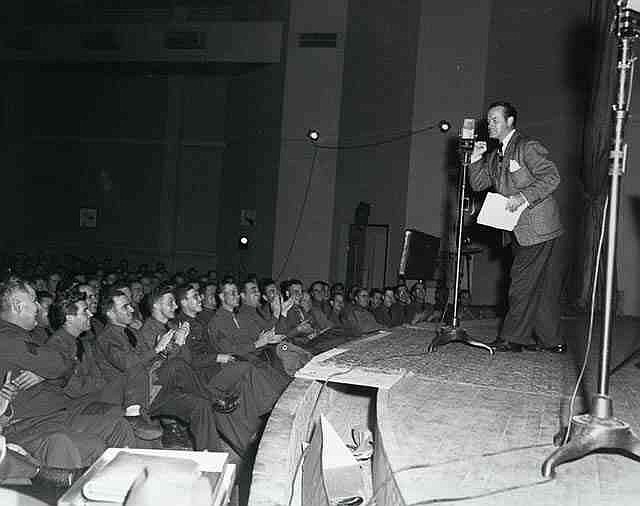 Bob Hope entertains troops while also broadcasting over the radio in 1943. (Bob Hope Collection/Motion Picture, Broadcasting and Recorded Sound Division, Library of Congress)