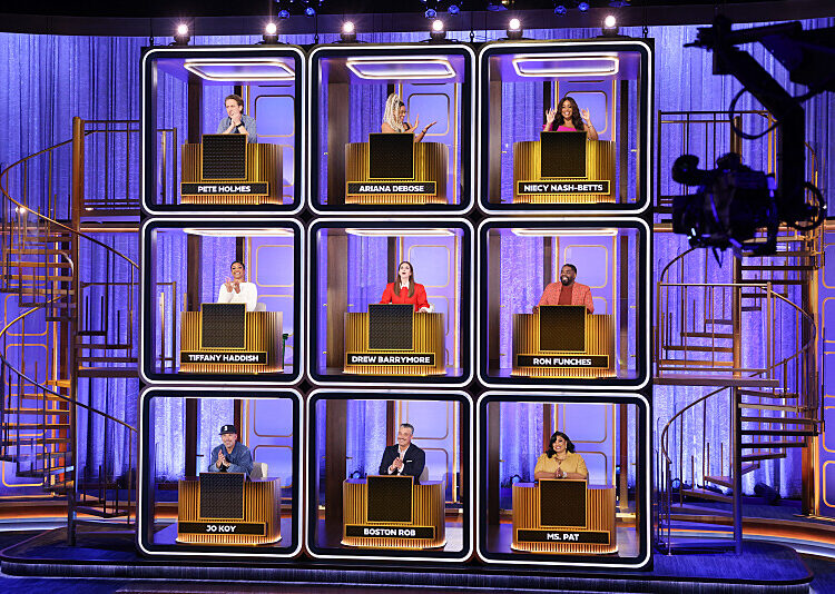 Coverage of the CBS Original Series HOLLYWOOD SQUARES, Season 2, Episode 222, scheduled to air on the CBS Television Network. Pictured: (Clockwise) Pete Holmes, Ariana DeBose, Niecy Nash-Betts, Ron Funches, Ms. Pat, Boston Rob, Jo Koy, Tiffany Haddish and Co-Host Drew Barrymore. Photo: Matthew Taplinger/CBS ©2025 CBS Broadcasting, Inc. All Rights Reserved.