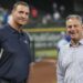 Jun 21, 2024; Arlington, Texas, USA; Texas Rangers general manager Chris Young (left) and Kansas City Royals general manager J.J. Picollo (right) talk before the game against the Kansas City Royals at Globe Life Field. Mandatory Credit: Jim Cowsert-Imagn Images