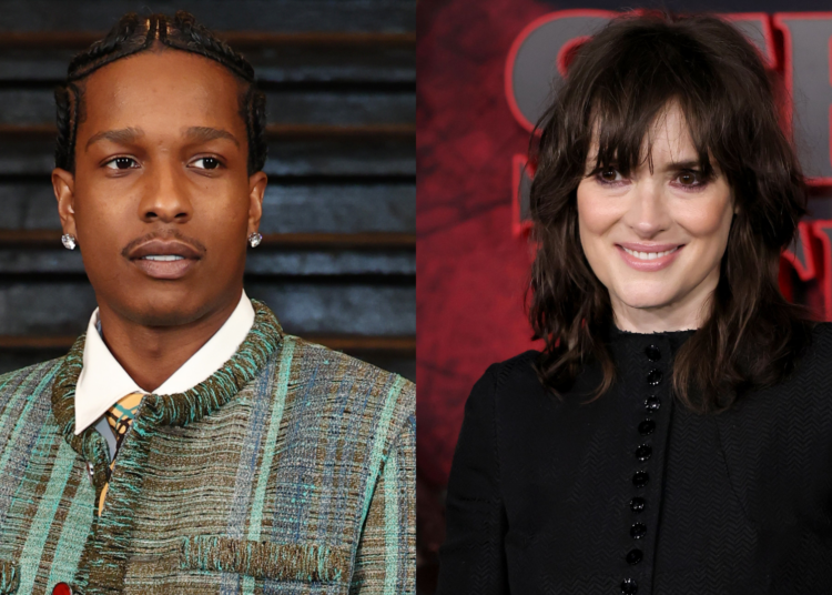 A$AP Rocky in a patterned jacket and Winona Ryder in a black outfit, both smiling at separate events.