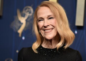 Catherine O'Hara arrives at the 77th Primetime Emmy Awards on Sept. 14, 2025, at the Peacock Theater in Los Angeles. (Photo by Richard Shotwell/Invision/AP)