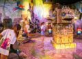 Children exploring interactive jungle-themed play area with colorful stone structures.