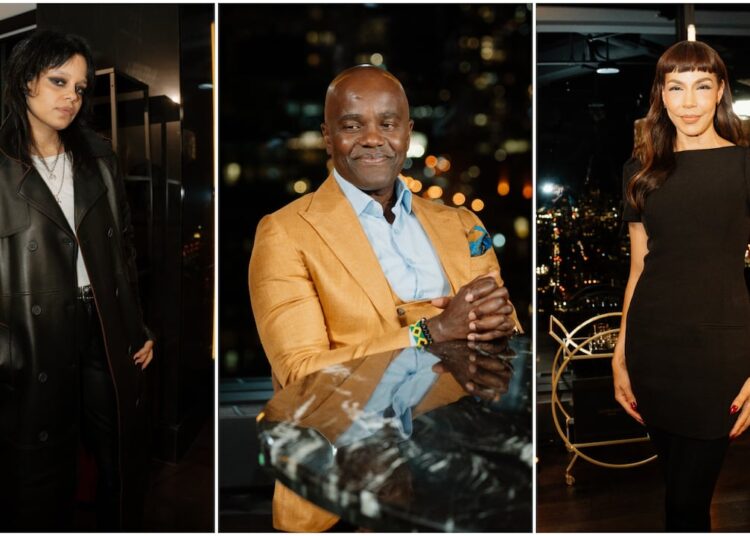 A tri-plate photo of three celebs in evening wear.