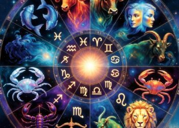A stylized zodiac wheel with the 12 signs glowing in vibrant cosmic colors, symbolizing the energy shifts of 2026