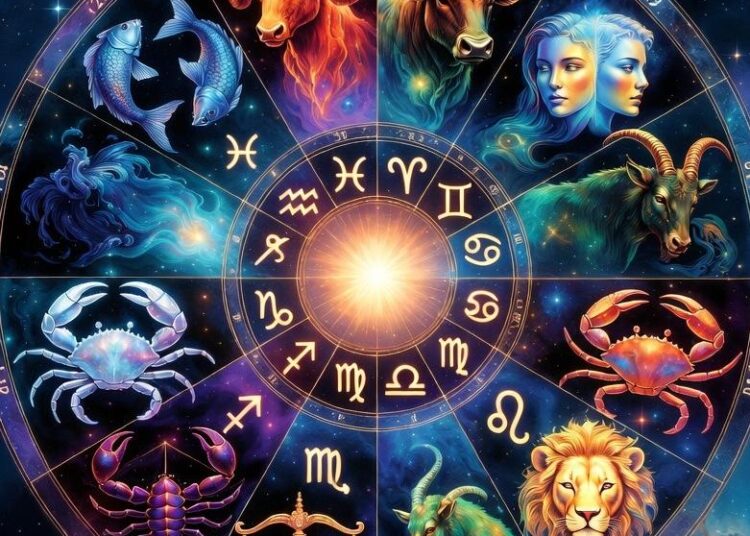 A stylized zodiac wheel with the 12 signs glowing in vibrant cosmic colors, symbolizing the energy shifts of 2026