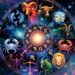 A stylized zodiac wheel with the 12 signs glowing in vibrant cosmic colors, symbolizing the energy shifts of 2026