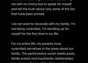 An Instagram story post revealing Brooklyn Beckham's decision to not reconcile with his family.