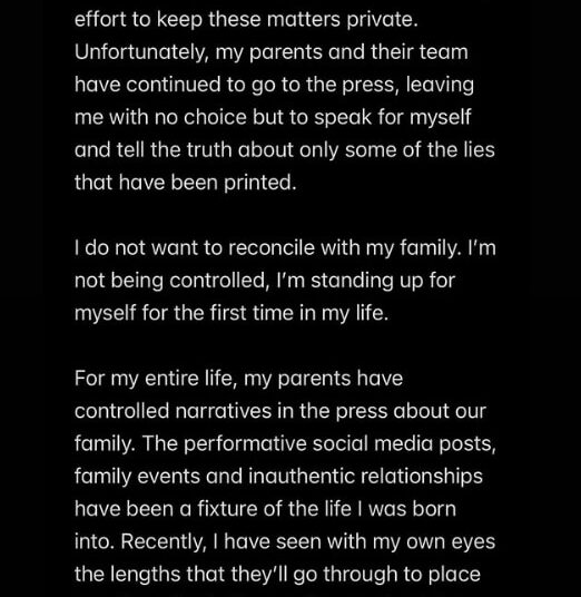 An Instagram story post revealing Brooklyn Beckham's decision to not reconcile with his family.