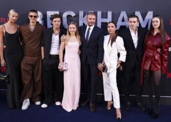 Mia Regan, Romeo Beckham, Cruz Beckham, Harper Beckham, David Beckham, Victoria Beckham, Brooklyn Peltz Beckham, and Nicola Peltz Beckham at the premiere of Beckham in 2023.