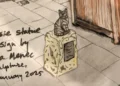 Ama Menec An ink and pen sketch of the cat statue. The tabby cat is sitting on a low stone plinth on the pavement next to a wooden planter. A handwritten note reads: Susie statue design by Ama Menec Sculpture, January 2025.