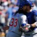 Chicago Cubs pitcher Eli Morgan (33) shakes hands with catcher Carson Kelly (15) after the game against the Athletics at Sutter Health Park.