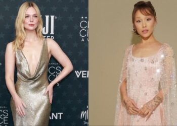 (L-R) Elle Fanning in archival Ralph Lauren, Ariana Grande in custom Alberta Ferretti