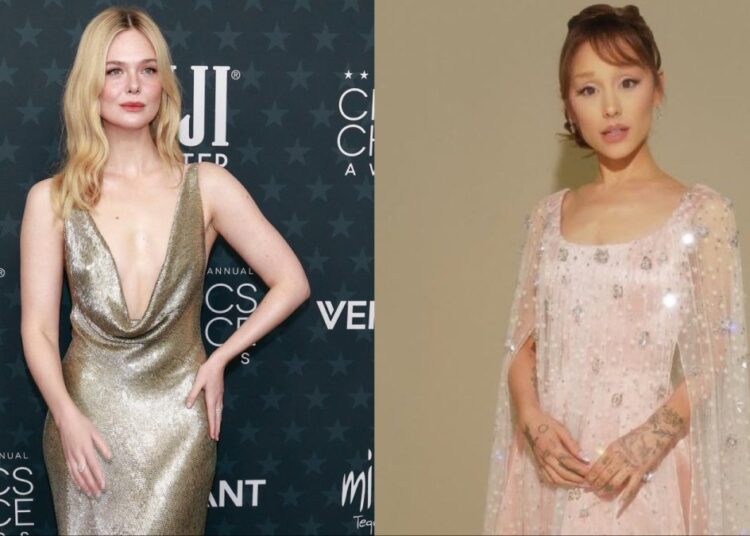 (L-R) Elle Fanning in archival Ralph Lauren, Ariana Grande in custom Alberta Ferretti