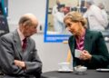 The Duke of Kent and The Duchess of Edinburgh enjoy a cup of tea during a visit to the Surrey Space Centre in Guildford on January 28, 2026.