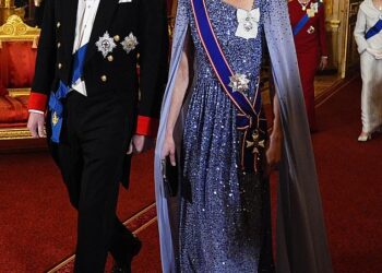 Kate dazzled in an intricately beaded sequin cape dress with dramatic draping for the German state banquet, stepping out in a glittering cornflower blue Jenny Packham gown, teamed with Gianvito Rossi pumps and an Anya Hindmarch clutch