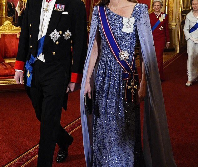 Kate dazzled in an intricately beaded sequin cape dress with dramatic draping for the German state banquet, stepping out in a glittering cornflower blue Jenny Packham gown, teamed with Gianvito Rossi pumps and an Anya Hindmarch clutch