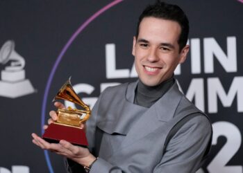 Edgar Barrera poses with a Grammy at the 23rd annual Latin Grammy Awards on Nov. 17, 2022, in Las Vegas. (AP Photo/John Locher, File)