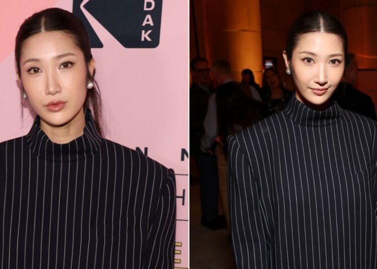 Ejae Updates the Office Siren Trend in a Mugler Pinstripe Tunic