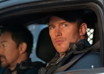 This image released by Amazon MGM Studios shows Kenneth Choi, left, and Chris Pratt in a scene from "Mercy." (Justin Lubin/Amazon MGM Studios via AP)