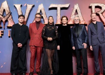 From left, Jamie Flatters, Jemaine Clement, Oona Castilla Chaplin, Sigourney Weaver, Stephen Lang and David Thewlis pose for photographers upon arrival at the UK premiere for the film "Avatar: Fire and Ash" in London, England, Thursday, Dec. 11, 2025. (Photo by Scott A Garfitt/Invision/AP)