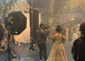 Film set with a scene being shot.