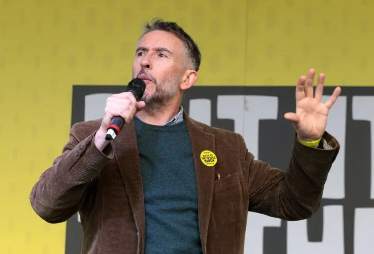 Actor Steve Coogan speaks at an Anti-Brexit march in 2019. File Photo by Hugo Philpott/UPI
