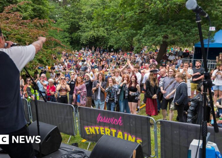 A view from a stage, taken behind a performer who is wearing a navy and white T-shirt, shouting or singing into a microphone, pointing out to the crowd who are standing or sitting on grass in a park.