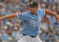 Jun 29, 2025; Kansas City, Missouri, USA;  Kansas City Royals starting pitcher Kris Bubic (50) throws a pitch in the first inning against the Los Angeles Dodgers at Kauffman Stadium. Mandatory Credit: Peter Aiken-Imagn Images
