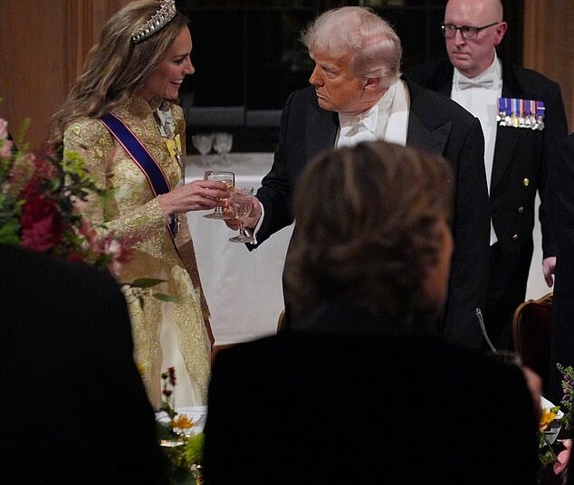 The Princess of Wales and the President clink glasses following a toast to their two nations at September's state visit. One source said at the time that Mr Trump was bowled over by the future queen, who is rumoured to be heading over the Atlantic in July