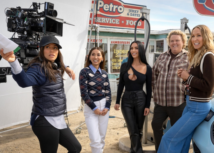 Kim Kardashian smiles in skin-tight leather on set of new Eva Longoria Netflix movie