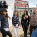 Kim Kardashian smiles in skin-tight leather on set of new Eva Longoria Netflix movie