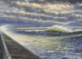 Painting by Thomas Van Stein depicts storm clouds with high waves splashing over the breakwater at the Santa Barbara Harbor. (Thomas Van Stein)