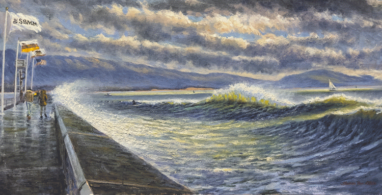 Painting by Thomas Van Stein depicts storm clouds with high waves splashing over the breakwater at the Santa Barbara Harbor. (Thomas Van Stein)