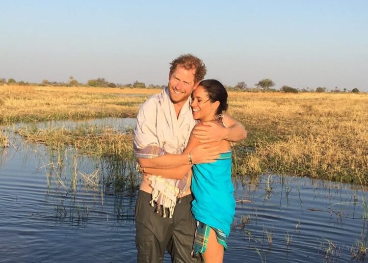 Couple standing in water in a grassy landscape
