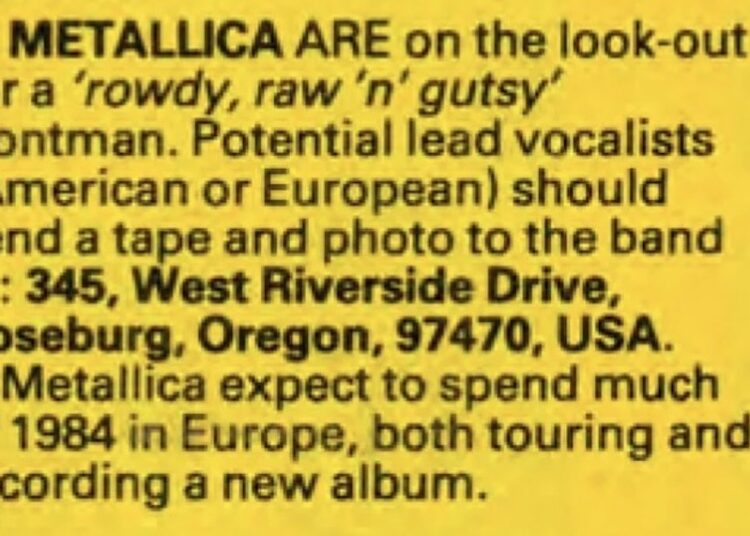 Metallica singer ad, 1983