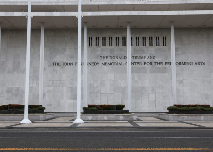 The facade of the recently renamed Donald J. Trump and John F. Kennedy Memorial Center for the Performing Arts, in Washing...