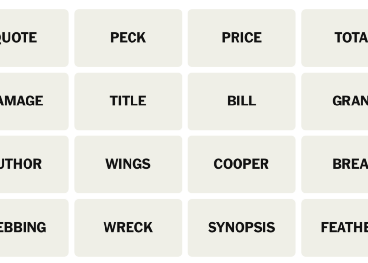 NYT Connections board for January 18, 2026: QUOTE, PECK, PRICE, TOTAL, DAMAGE, TITLE, BILL, GRANT, AUTHOR, WINGS, COOPER, BREAK, WEBBING, WRECK, SYNOPSIS, FEATHERS.