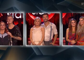 An image collage containing 1 images, Image 1 shows Collage of three pairs of contestants from "Dancing with the Stars Ireland" posed on a red stage