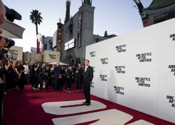 Leonardo DiCaprio arrives at the premiere of "One Battle After Another" on Sept. 8, 2025, at the TCL Chinese Theatre in Los Angeles. (Photo by Jordan Strauss/Invision/AP)