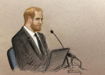 Sketches of Prince Harry giving evidence in lawsuit against the publisher of The Daily Mail, in London
