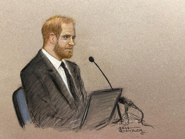 Sketches of Prince Harry giving evidence in lawsuit against the publisher of The Daily Mail, in London
