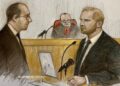 Court artist sketch by Elizabeth Cook of Prince Harry being questioned by Antony White KC