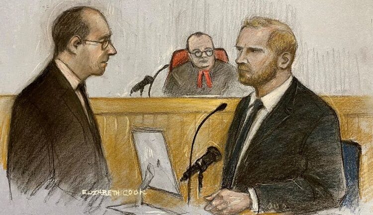 Court artist sketch by Elizabeth Cook of Prince Harry being questioned by Antony White KC