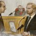 Court artist sketch by Elizabeth Cook of Prince Harry being questioned by Antony White KC