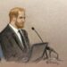 Prince Harry gives evidence in his privacy lawsuit against the publisher of The Daily Mail, at the High Court in London on Wednesday in this courtroom sketch.