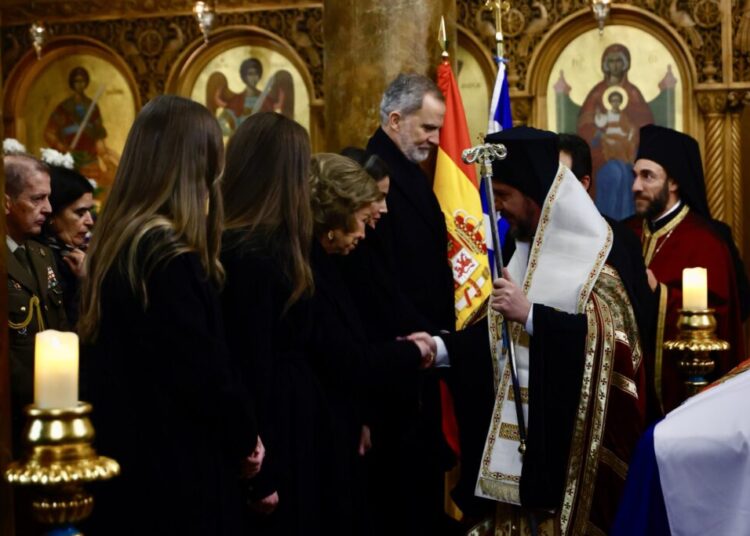 Queen Sofia is greeted at the funeral of her sister, Princess Irene of Greece