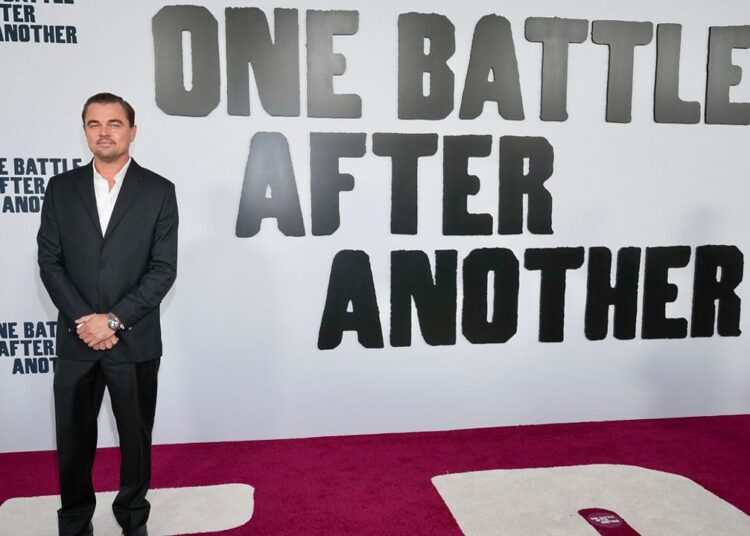 Leonardo DiCaprio arrives at the premiere of "One Battle After Another" on Monday, Sept. 8, 2025, at the TCL Chinese Theatre in Los Angeles. (Photo by Jordan Strauss/Invision/AP)